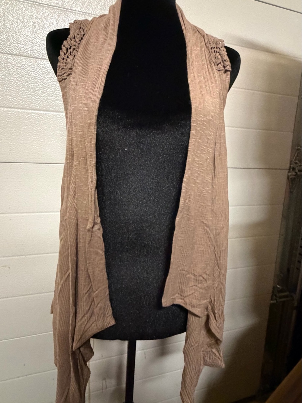 Robin K Draped Open-Front Crochet Shoulder Vest - Taupe